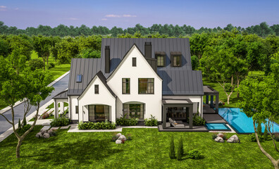 Fototapeta na wymiar 3d rendering of cute cozy white and black modern Tudor style house with parking and pool for sale or rent with beautiful landscaping. Fairy roofs. Clear sunny summer day with blue sky.