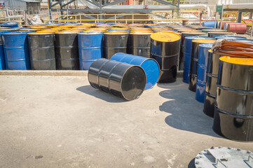 Industry oil barrels or chemical drums stacked up.chemical tank.container of barrels of...