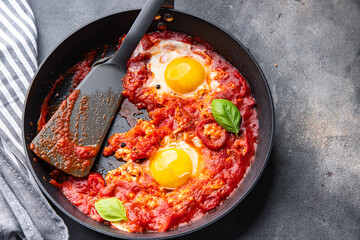 shakshuka fried egg breakfast eggs, tomato, pepper, vegetables healthy meal food snack on the table copy space food background 