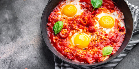 shakshuka fried egg breakfast eggs, tomato, pepper, vegetables healthy meal food snack on the table copy space food background 