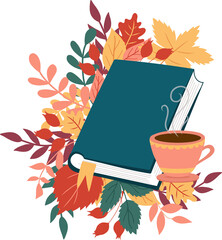 Cosy composition with a book, autumn leaves and cup of hot tea.