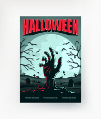 Zombie hand on the background of the moon. A poster for Halloween. Vector.