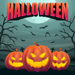 Pumpkins on the cemetery background. Halloween banner for social networks. Vector.