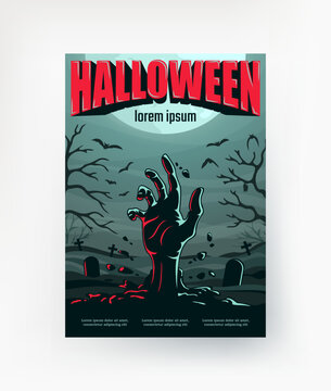 Zombie hand on the cemetery background A poster for Halloween. Vector.