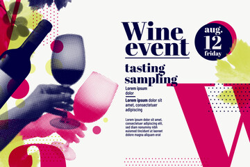 Collage of hands holding wine glass, bottle, lips, vine leaves and grapes in retro style, halftone effect. Template for event poster, magazine, cover or promotion. Vector