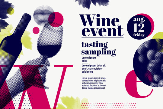 Collage hand holding wine glass, bottle, lips, vine leaves and grapes with retro style, halftone effect. Template for event poster, magazine, cover or promotion. Vector