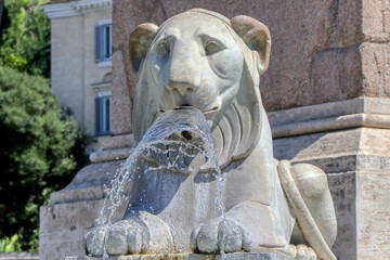 The fountain of the lions in Piazza del Popolo. Rome Italy