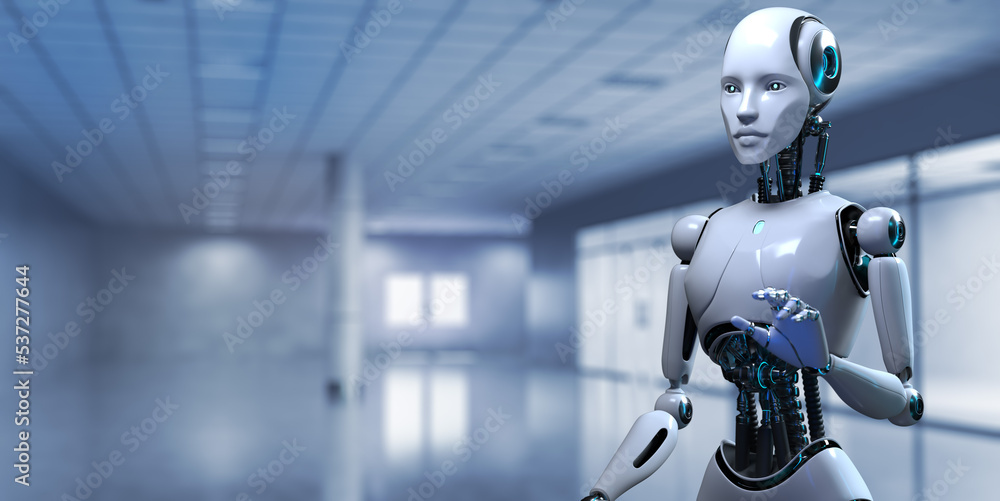 Poster robot cyborg 3d render innovation technology robotisation.