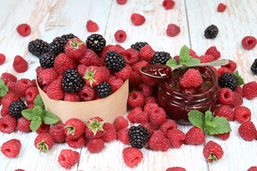 raspberries on wooden background