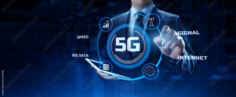 Poster 5g high-speed internet connection concept. businessman pressing button on screen.