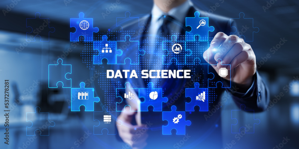 Poster data science analytics concept. businessman pressing button on screen.