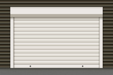 Obraz na płótnie Canvas White closed roller garage shutter door with realistic texture on the dark wall. Metal protect system for shops and stores. Vector illustration of steel gate of house or warehouse. Roller up blinds.