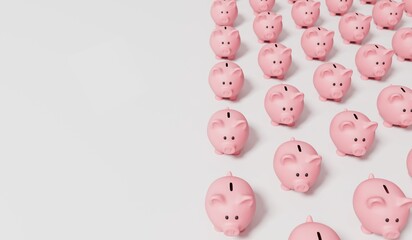 Fototapeta na wymiar A collection of pink piggy bank money boxes. Finance and saving concept. 3D Rendering