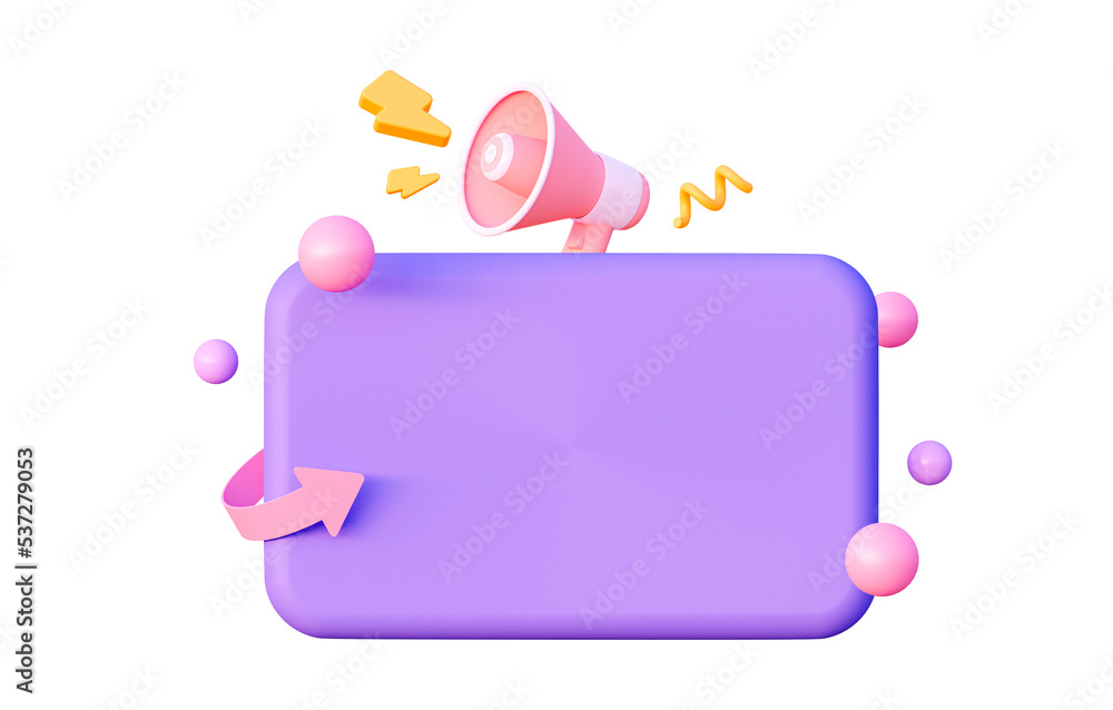 Poster blank purple speech bubble with loudspeaker notification with copy space. 3d rendering illustration.