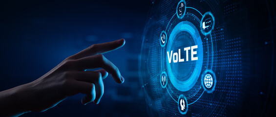 VoLTE Voice over LTE communication technology concept. Hand pressing button on screen.