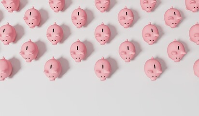 A collection of pink piggy bank money boxes. Finance and saving concept. 3D Rendering