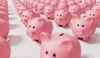 A collection of pink piggy bank money boxes. Finance and saving concept. 3D Rendering