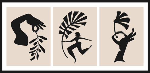 abstract minimalist black beige modern art posters set, vector illustration graphic prints