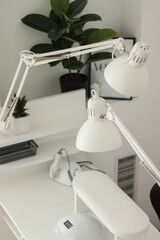 Manicurist's workplace. Manicurist. Manir table. beauty master tools.nail lamp.beauty salon.beauty salon interior.manicure machine