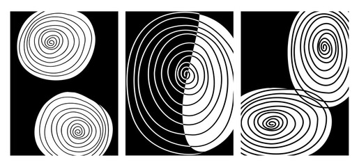 black and white geometric line art cirlce prints set, modern retro mid century style posters, vecotr illustration graphic