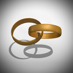 Two gold rings. 3d gold rings grey background. Marriage gold rings. 