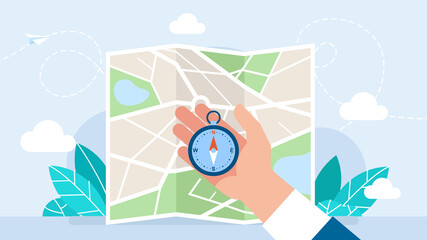 Hand holding a compass on background of the map. Search for direction of movement, landmark. A businessman holds a navigation device in his palm. Navigation concept. Flat style. Illustration. - obrazy, fototapety, plakaty