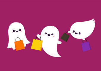 Cute Ghost in Halloween day. The ghost shoping mascot. cartoon vector. Shoping bag. Halloween sale.