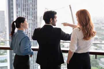 Business team working with meeting at the office and city background	