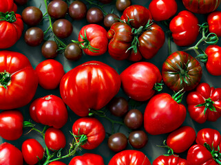 Colorful tomatoes of different sizes and varieties, in appearance, are a horizontal composition....