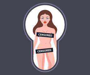 peep through the door hole behind a naked woman. flat vector illustration.