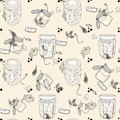 Bright handmade set. Jar with cucumbers, mushrooms, spices, greens on a green background. Vector pattern. Printing on textiles, printing, on packaging, preparation for designers