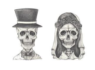 Art couple wedding skulls. Hand drawing on paper.