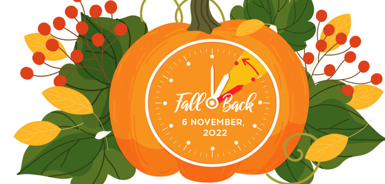 Daylight saving time, 2022 concept. Alarm clock and calendar date of November 6 on the pumpkin background with autumn leaves. The reminder text - set clock back one hour. Vector illustration