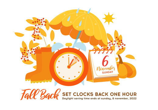 Daylight saving time, 2022 concept. Fall Back Time. Alarm clock and calendar with the date of November 6 on the autumn background. The reminder text - set clock back one hour. Vector cozy illustration - Powered by Adobe
