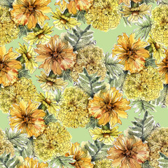 Obraz na płótnie Canvas Watercolor flowers marygold with leaves on a green background. Floral seamless pattern.