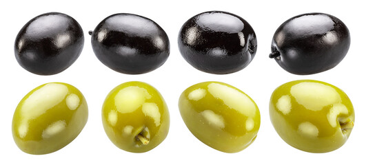 Green and black olives on white background. File contains clipping paths.