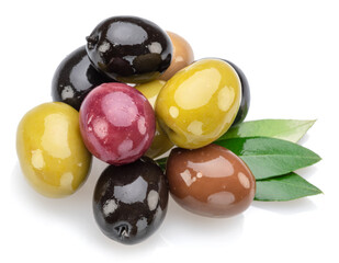 Kalamata, green and black olives isolated on white background.