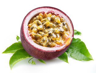 Dark purple passion fruit half with seedy interior laying on green passiflora leaves on white...