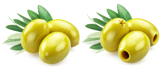 Green pitted olives and whole green olives with leaves isolated on white background.