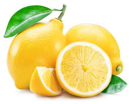 Ripe lemon fruits with lemon slices and leaves isolated on white background.
