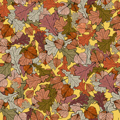 Pattern of various autumn leaves on an abstract background. Seamless hand drawn floral pattern. Botanical pattern for wallpaper, designer blank, logo, icon