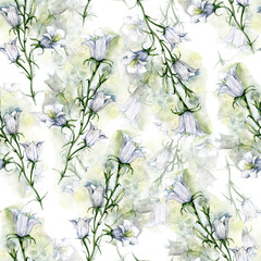 Watercolor  blossom weadow bell flowers. Spring seamless pattern.