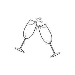 Glasses of champagne. Splashes of champagne. Black and white icon set. Vector illustration.