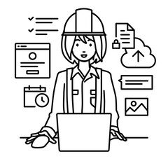 デスクで座ってPCでプロジェクトやタスクの管理の仕事をしている工事現場の女性