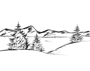  On a white background, a black outline of a mountain and a Christmas tree