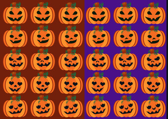 Cool Halloween carved pumpkins jack o lantern in purple and brown background . Cute witch pumpkin element cartoon vector illustration.