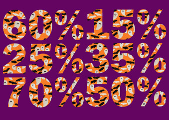 Flat Halloween discount vector banners. Discount percentage numbers with Halloween Ghost and Bats design background for advertisement.