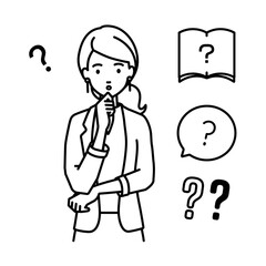 立って手をあごにあてて疑問を感じているジャケットの女性 クエスチョンマークのセット