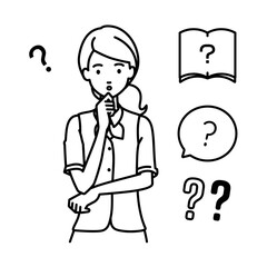 立って手をあごにあてて疑問を感じている事務員制服の女性 クエスチョンマークのセット