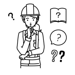 立って手をあごにあてて疑問を感じている工事現場の女性 クエスチョンマークのセット